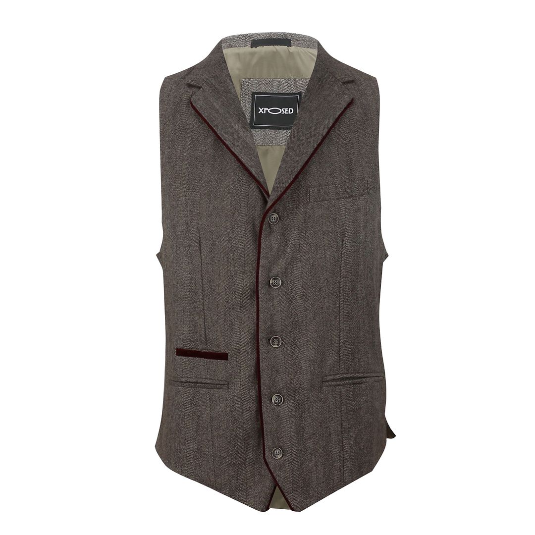 Mens Brown Grey Herringbone Tweed Checks Slim Fit Trousers Vintage